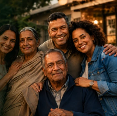 Three generations of a family smiling together outside their home