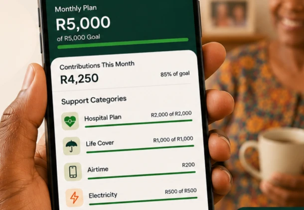 A Kini monthly plan on a phone: R4 250 contributed of a R5 000 goal, with hospital plan, life cover, airtime and electricity covered