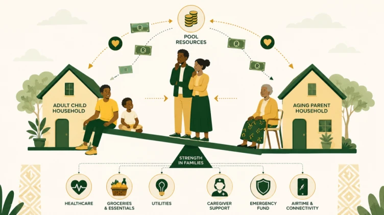 Illustration: an adult child's household and an ageing parent's household balanced on a seesaw, with family members pooling resources for healthcare, groceries, utilities, caregiver support, an emergency fund and airtime